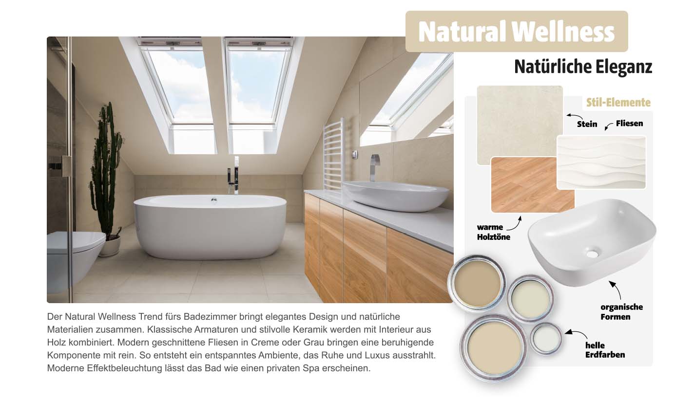 Badezimmer im Natural Wellness Wohntrend mit Badewanne, Holzfronten, organischer Keramik, Fliesen in Creme und natürlichen Farbtönen