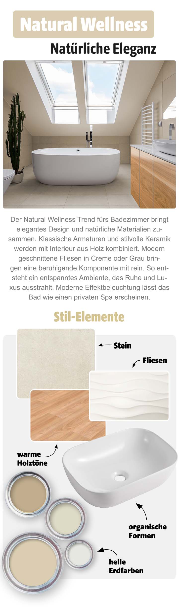 Ansehnlich eingerichtete Badezimmerkulisse, rechts daneben ein Bild mit einigen einzelnen Stilelementen zur Einrichtung