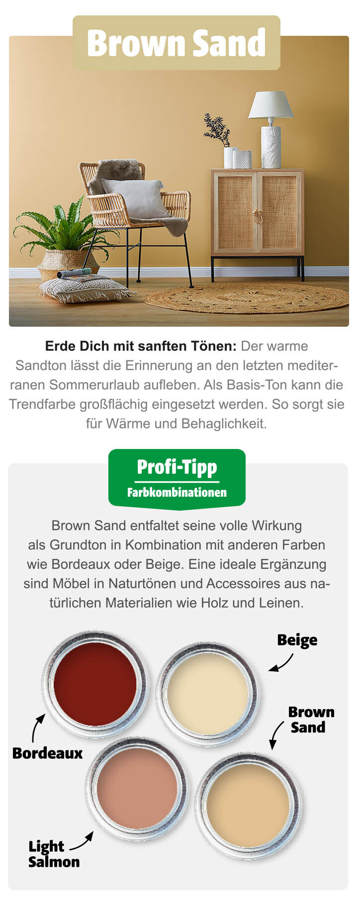 Sitzecke mit der Wandfarbe Brown Sand und vier Farbtöpfen mit Farbkombinationen