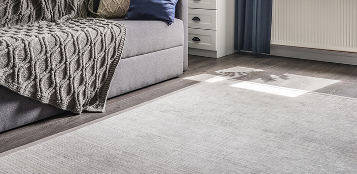 Gemütliches Wohnzimmer mit Teppich auf Laminatboden neben Sofa.