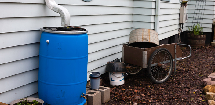 Blaue Regentonne mit Fallrohranschluss an einem Haus.
