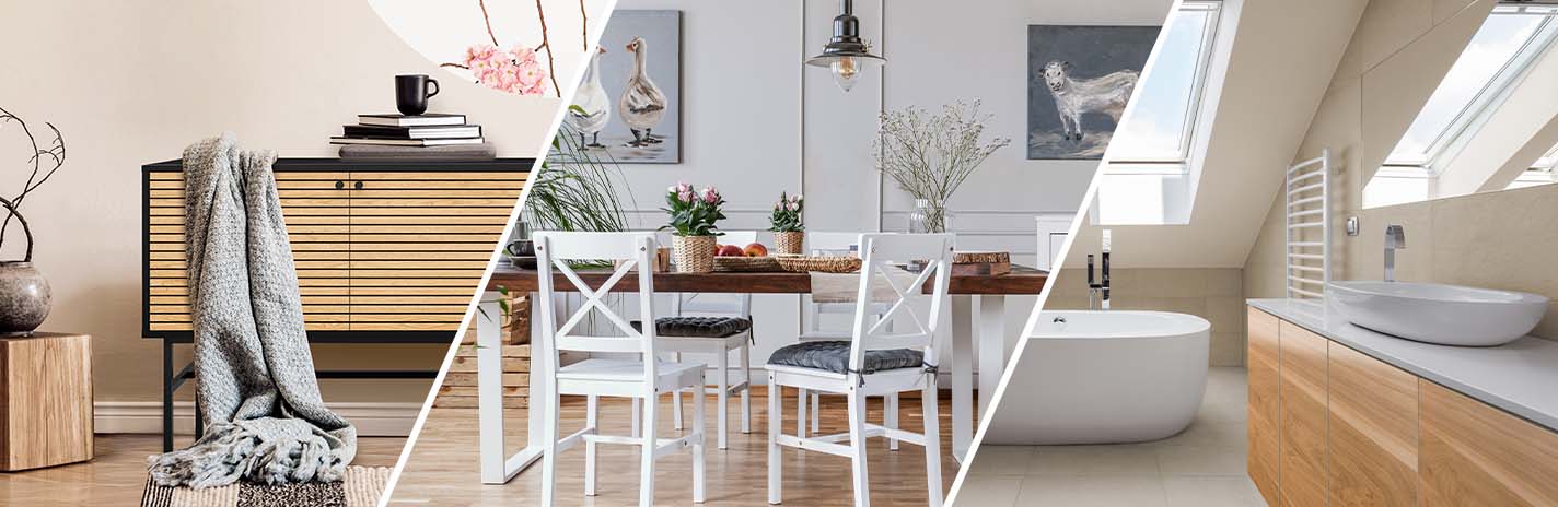 Drei Ausschnitte einer modern eingerichteten Wohnung