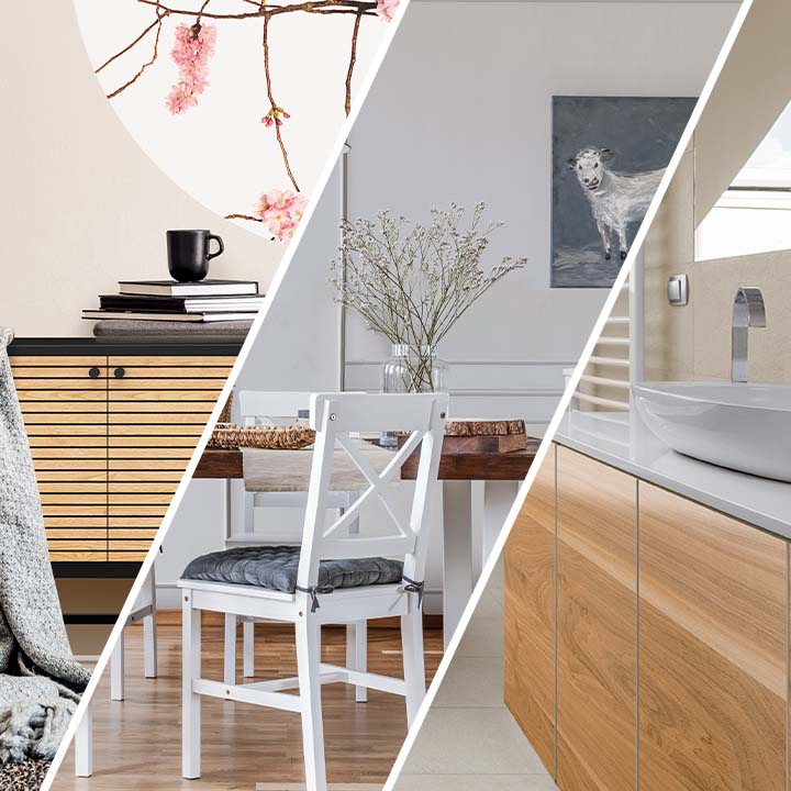 Drei Ausschnitte von einer modern eingerichteten Wohnung