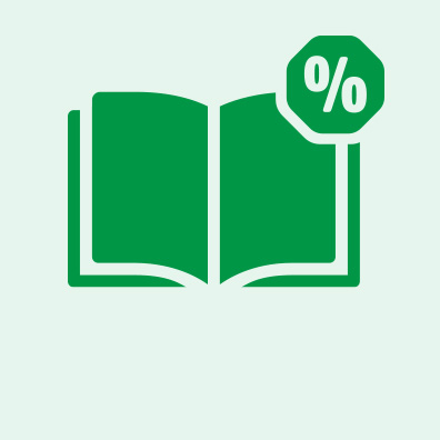 Grünes Icon mit einem aufgeschlagenem Buch und einem Prozentzeichen rechts in der Ecke