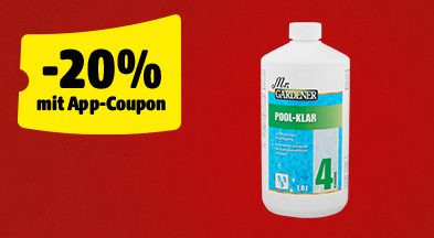 Eine Flasche mit Poolklar, die neben einem gelben Coupon mit der Aufschrift „-20% mit App-Coupon“ steht