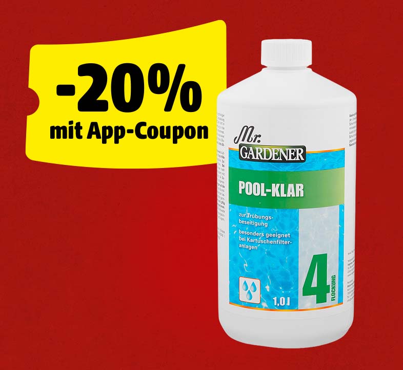 Eine Flasche mit Poolklar, die neben einem gelben Coupon mit der Aufschrift „-20% mit App-Coupon“ steht