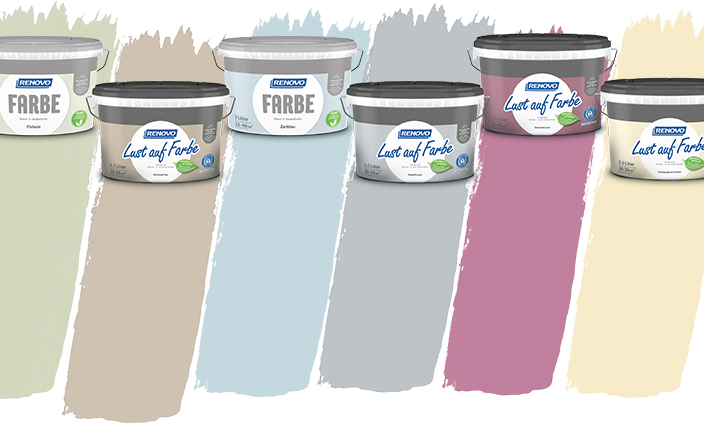Sechs Farbeimer jeweils in den Farbnuancen Grün, Beige, Grau, Blau, Rot und Gelb
