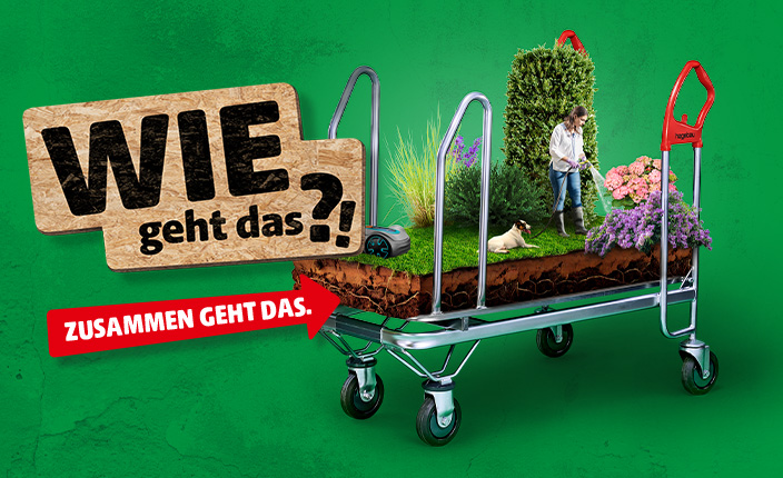 Kleiner Ausschnitt eines Gartens mit Pflanzen, die bewässert werden und einem Mähroboter