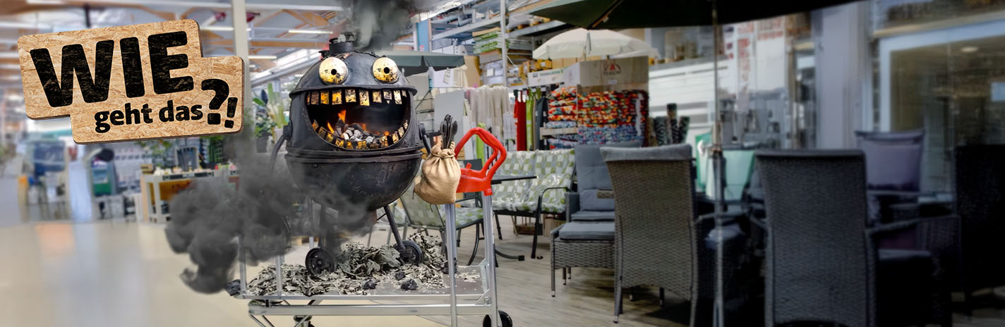 Ein Grill mit einem Gesicht befindet sich auf einem Einkaufswagen in einem Baumarkt