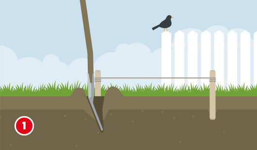 Skizze eines Spatens, der in die Erde in einem Garten Sticht