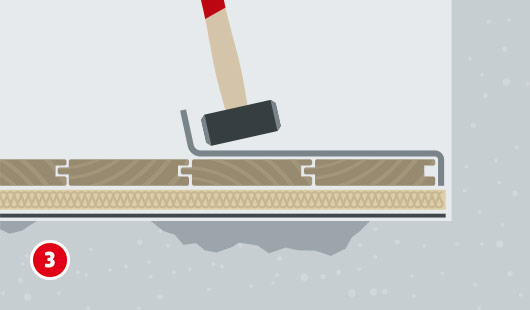Illustration einer Bodenfläche, auf mit Gummihammer und Zugeisen Laminat mit Abstand zur Wand verlegt wird