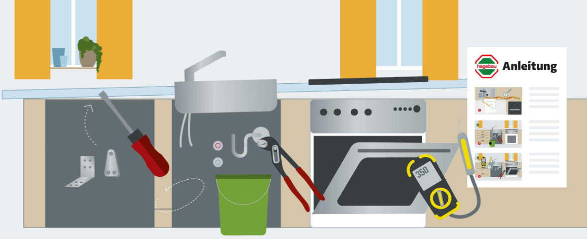 Eine schematische Darstellung zeigt die Vorbereitung zur Montage einer Küchenarbeitsplatte. Unter der Spüle sind Schraubenzieher, Wasserpumpenzange, Halterungen und ein grüner Eimer positioniert. Ein Ofen mit offenem Türchen zeigt ein Messgerät mit Anzeige, daneben liegt eine Anleitung mit bebilderten Montageschritten auf der Platte