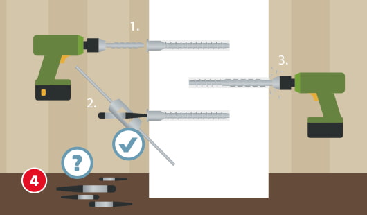 Illustration zum Entfernen beschädigter Schrauben, mit einem Akkuschrauber wird ein Loch in die festsitzende Schraube gebohrt, dann wird ein Linksausdreher angesetzt, um die Schraube mit Linksgewinde herauszudrehen,danach wird die Schraube vollständig mit dem Akkuschrauber entfernt, Symbole zeigen: passende Werkzeuge wählen und Rückfragen bei Unsicherheit