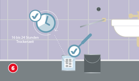Illustration zum sechsten Schritt beim Erneuern einer Silikonfuge. Eine frisch gestrichene, lila geflieste Wand wird trocknen gelassen. Ein Uhrsymbol mit Häkchen markiert die empfohlene Trockenzeit von 16 bis 24 Stunden. Eine Lupe mit Häkchen weist auf die Anleitung auf dem Farbeimer hin. Daneben steht ein geschlossener Farbeimer.