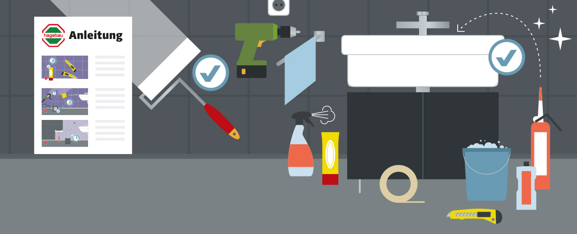 Illustration zur Anleitung für das Erneuern der Silikonfuge am Waschbecken. In einem gefliesten Badezimmer ist ein Waschbecken mit frischer Fuge und Häkchensymbol zu sehen. Drumherum liegen Werkzeuge und Materialien: Kartuschenpistole mit Silikon, Eimer mit Seifenwasser, Reinigungsmittel, Cuttermesser, Malerkrepp, Spachtel und Bohrmaschine. Links zeigt ein Anleitungsblatt mit „hagebau“-Logo drei bebilderte Schritte.