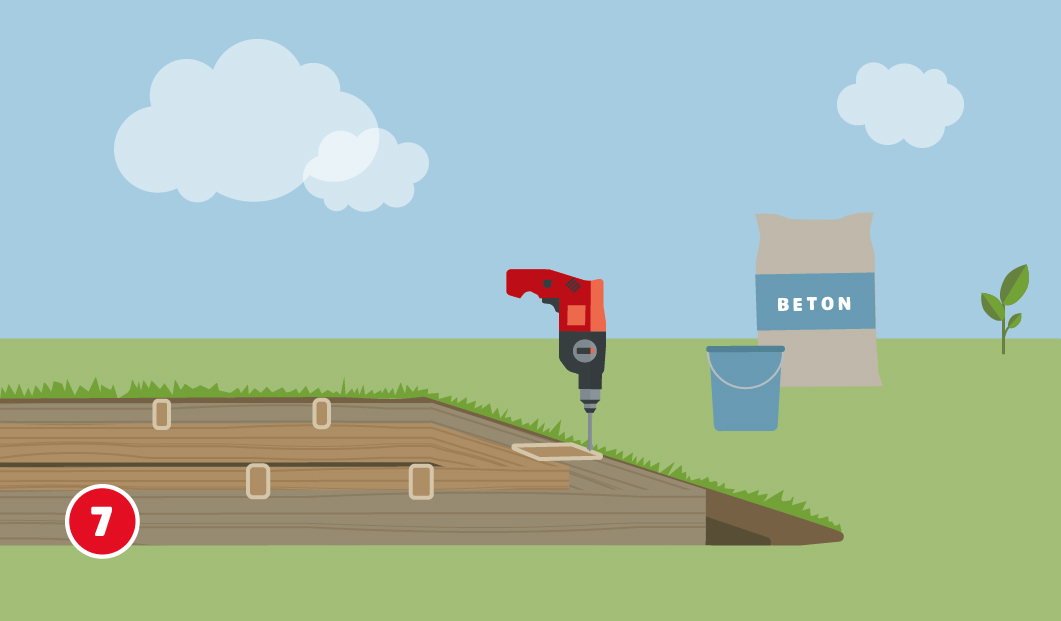 Illustration zum siebten Schritt beim Bau eines Gartenhausfundaments. Die Holzschalung ist in der Grube positioniert und wird mit einer Bohrmaschine und Schrauben an Pflöcken befestigt. Mehrere Halteklammern fixieren die Schalung rundum. Rechts stehen ein Eimer und ein Sack mit der Aufschrift „BETON“ bereit.