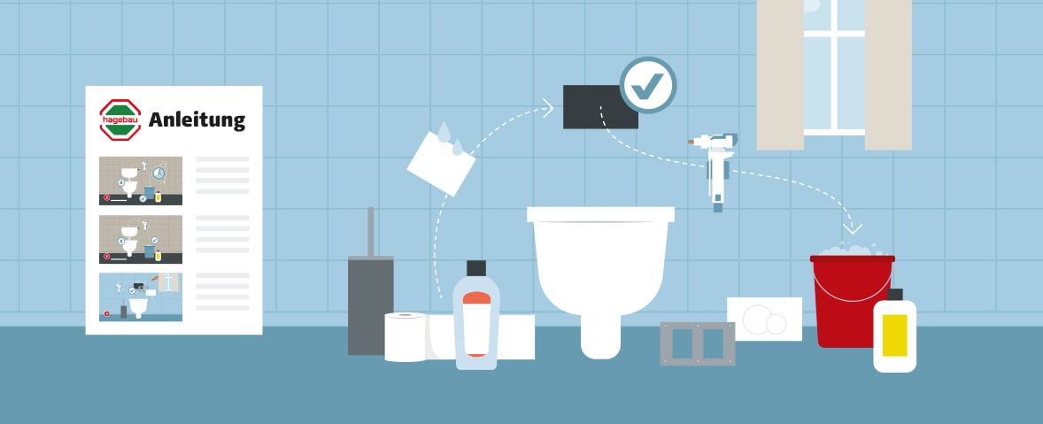 Eine schematische Darstellung zeigt die Vorbereitung zur Entkalkung eines Aufputz-Spülkastens im Badezimmer. Rund um die Toilette sind Reinigungsmittel, Toilettenbürste, Eimer mit Schaum, ein Reinigungstuch, Entkalkerflasche, Handschuhe und Werkzeuge platziert. Ein geöffneter Spülkasten und eine bebilderte Anleitung an der Wand verdeutlichen den Arbeitsablauf