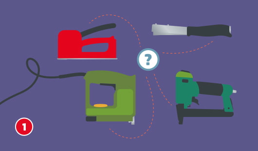 Eine schematische Darstellung zeigt vier verschiedene Tackerarten zur Auswahl: Handtacker, Elektrotacker, Drucklufttacker und Hammertacker. Ein Fragezeichensymbol weist auf die Entscheidung je nach Einsatzzweck hin. Unten links ist ein roter Kreis mit einer weißen 1