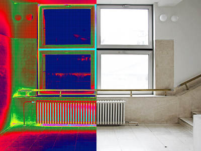 Das Bild zeigt einen Flur mit Fenstern und Heizkörper, halb in Normalansicht und halb in Wärmebildansicht. Die Thermografie macht Temperaturunterschiede an Wänden, Fenstern und Heizkörper sichtbar.
