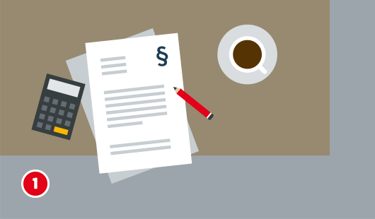 Illustration mit dem Titel „Schritt 1“ einer Hagebau-Anleitung zum Bau eines Kaminofens. Auf einem Tisch liegen ein Taschenrechner, ein Stift, ein Stapel Papier und ein Dokument mit einem Paragrafenzeichen (§). Daneben steht eine Tasse Kaffee.
