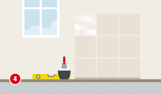 Illustration mit dem Titel „Schritt 4“ einer Hagebau-Anleitung zum Selbstbau eines Kaminofens. An einer Wand wird ein Schutzbereich hinter dem späteren Ofen mit Fliesen vorbereitet. Eine Wasserwaage und ein Eimer mit Pinsel stehen davor. Die untere Hälfte der Flächen ist bereits verfliest, im oberen Bereich wird noch gearbeitet.