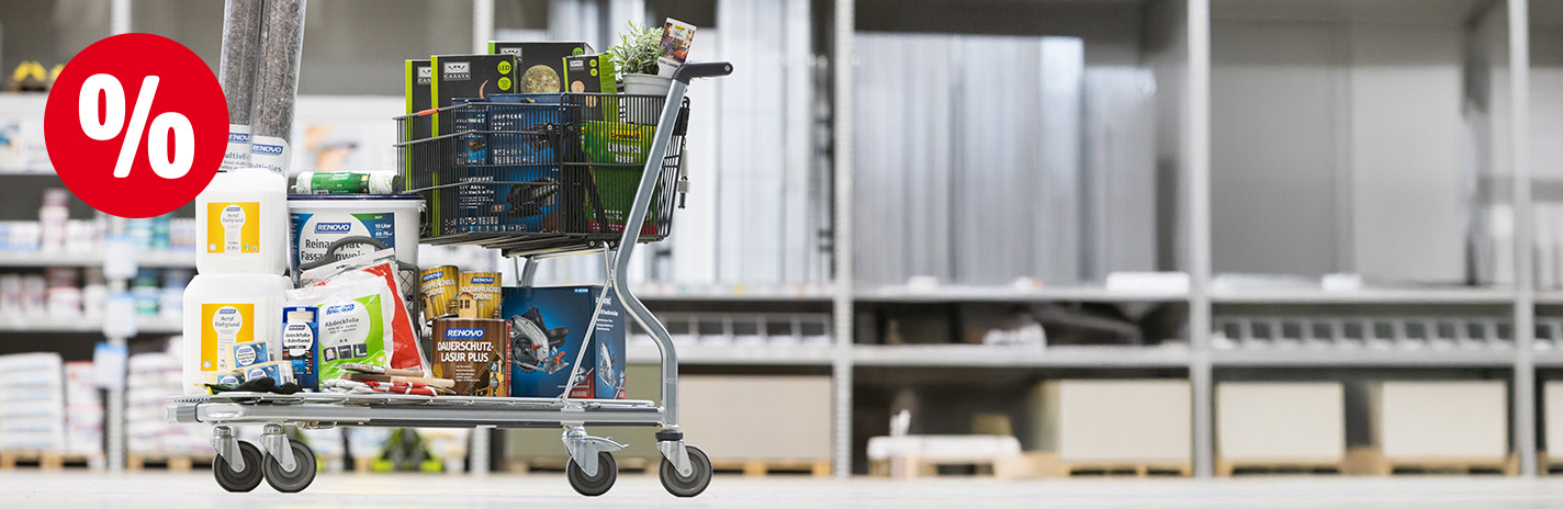 Ein Einkaufswagen mit diversen Baumarktartikeln in einem Baumarkt