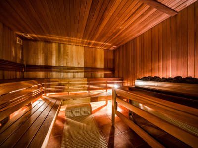 Holzsauna mit Bänken auf zwei Ebenen und Saunaofen.